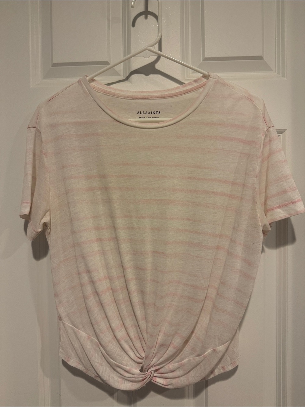 All Saints Pink and White Striped Knot-Front Short Sleeve Tee